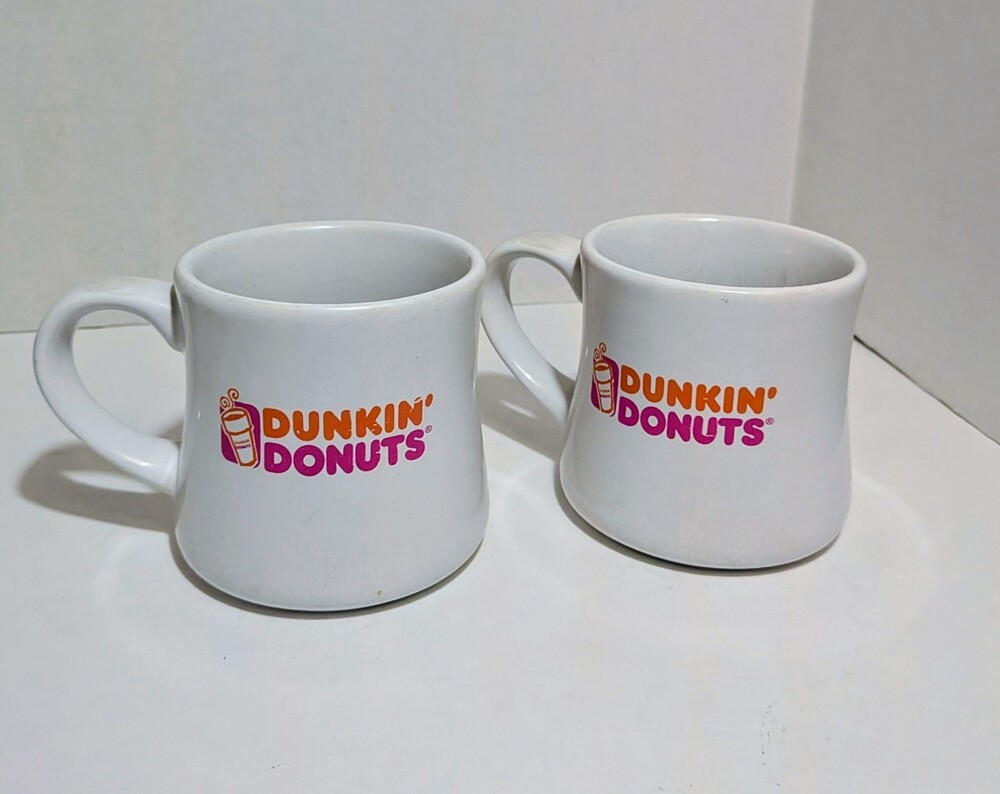 2 Dunkin Donuts Mugs Diner 12oz White Orange Pink Logo Coffee Cup Vintage Retro